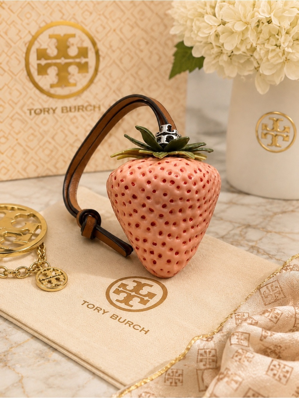 Tory Burch Pink Strawberry Key & Bag Charm with Brown Leather Strap